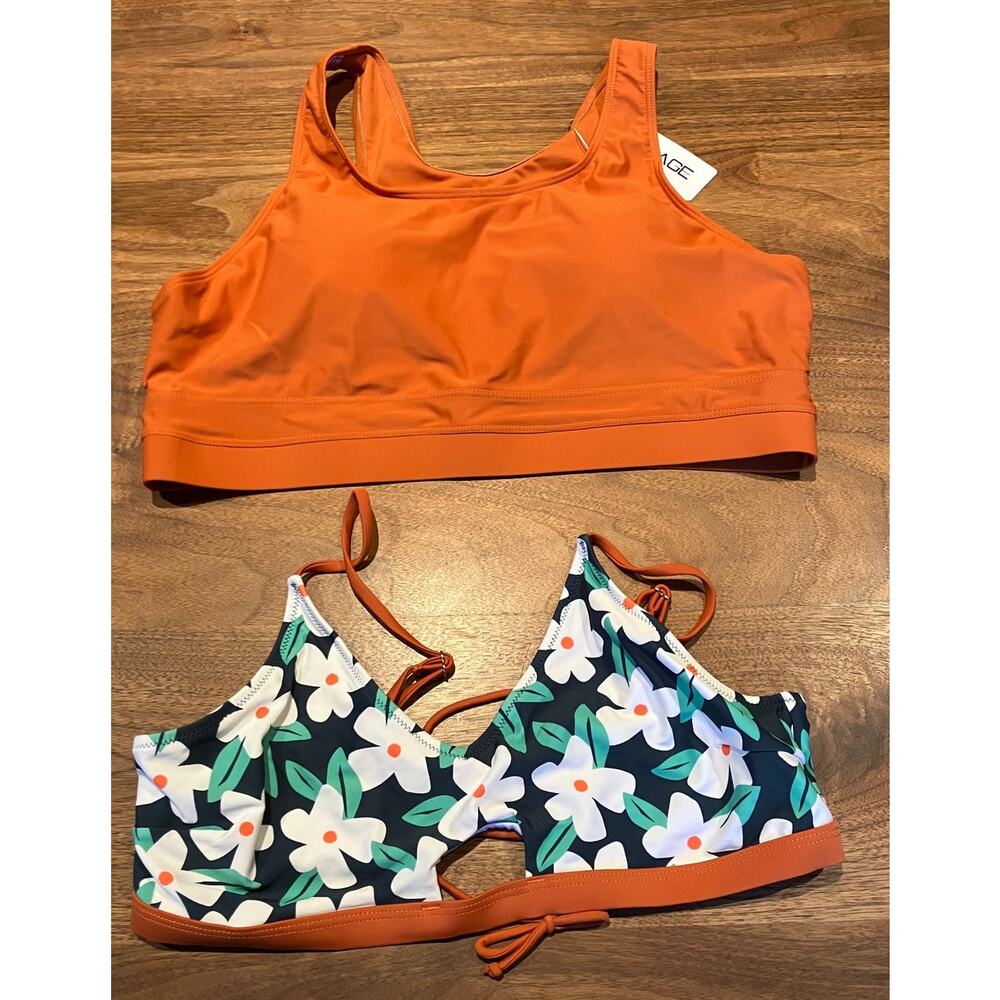 Lot‎ of 2 Aimage XXL Swim Tops Orange & Floral Lace-Up Bikini Tankini Set